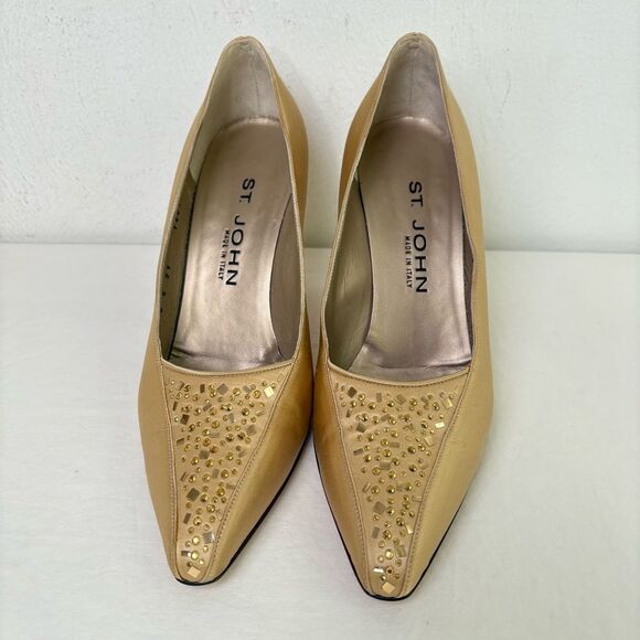 ST. JOHN Modena Marie Satin Rhinestone Heels Pumps Champagne Gold Formal Sz 8 - Picture 13 of 16
